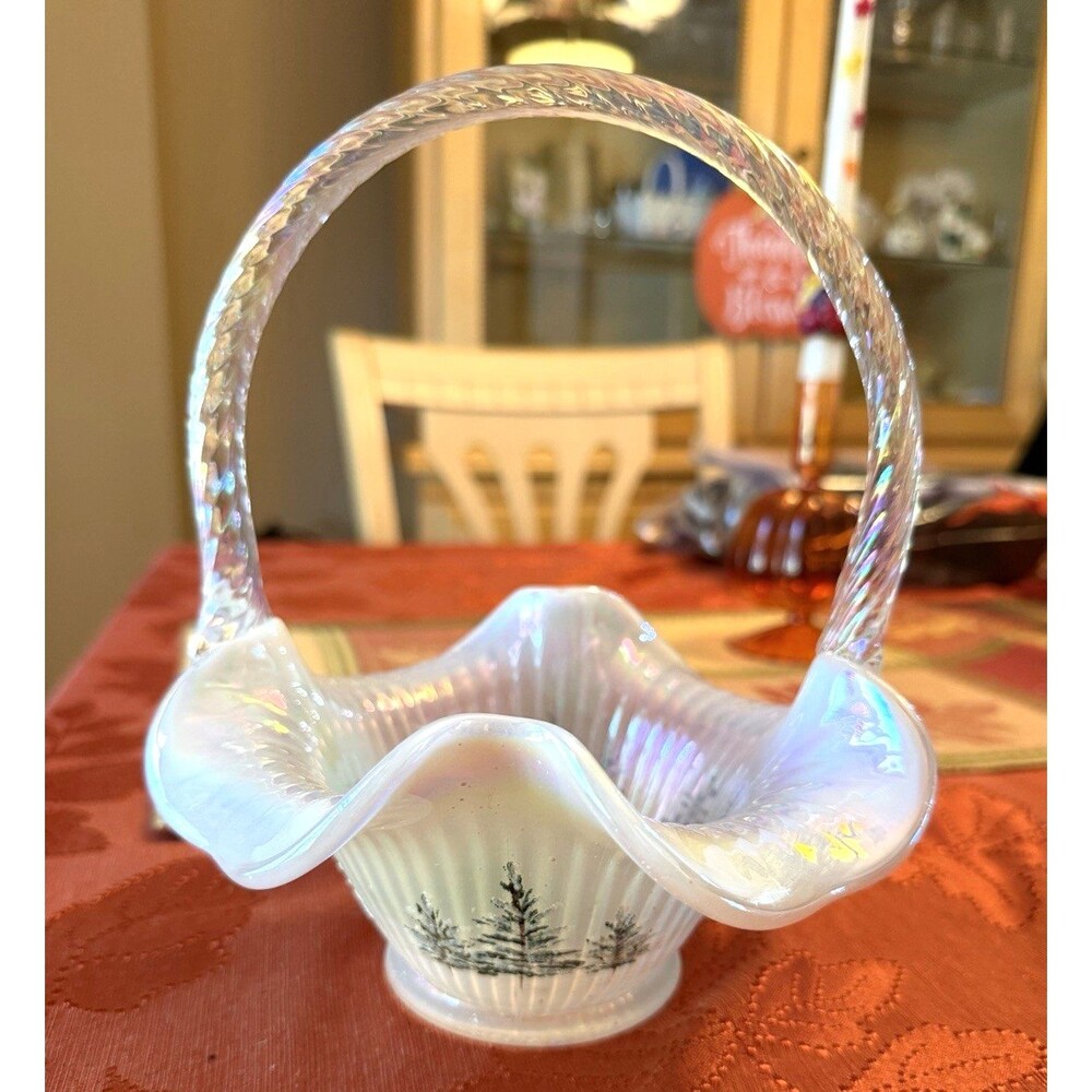 Vintage Fenton Iridescent Hand Painted Christmas Trees Handle Basket Signed USA